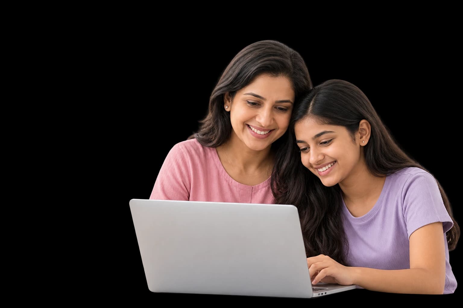 An Indian mother and teenage daughter exploring career options together on a laptop